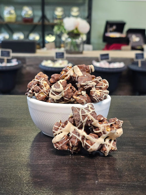 Ms. Bee's Chocolate and Pretzel Peanut Butter Drizzle Popcorn — sweet salty treat