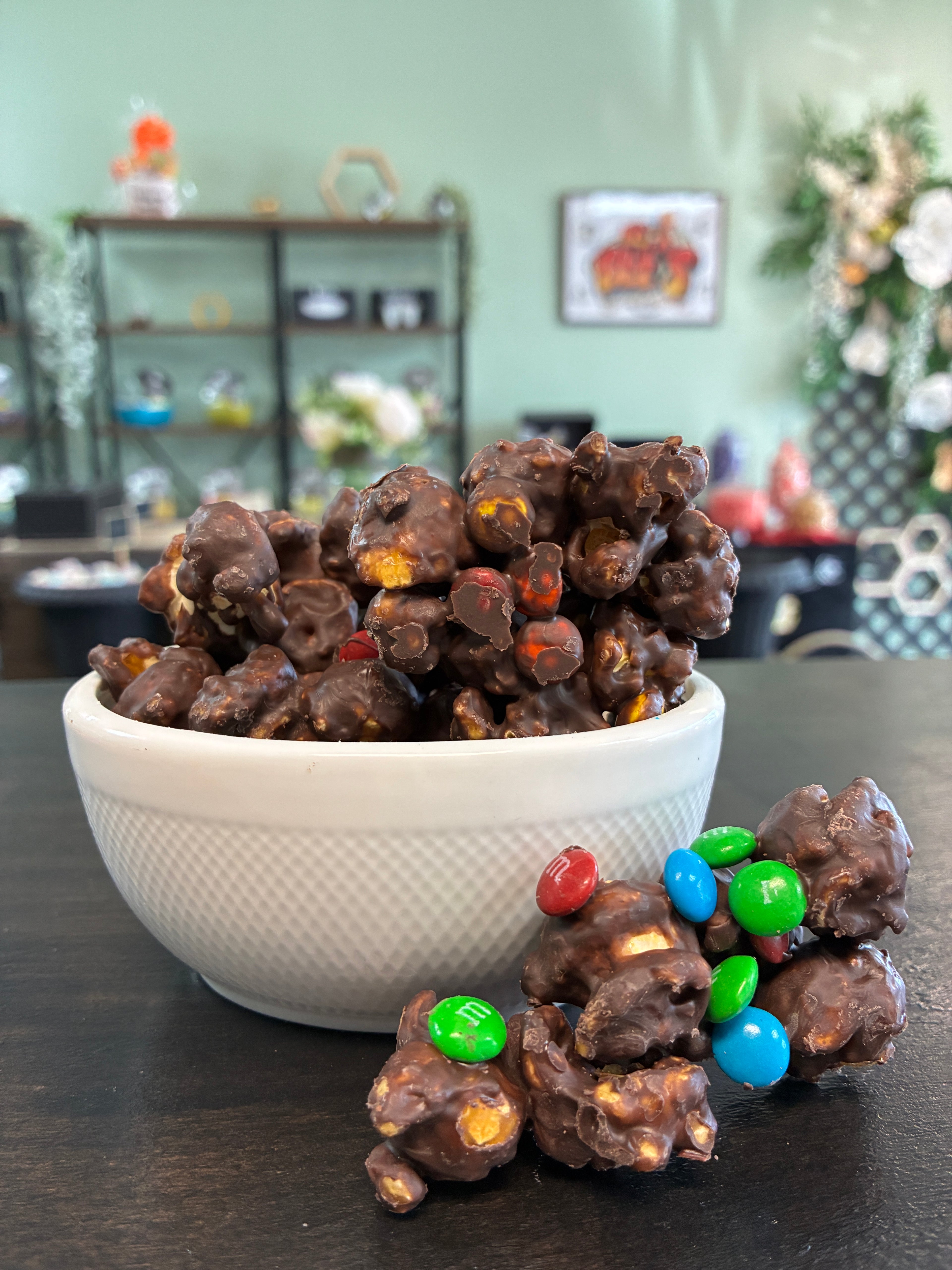 Chocolate Overload — Caramel Popcorn Rolled in Dark Chocolate with M&Ms
